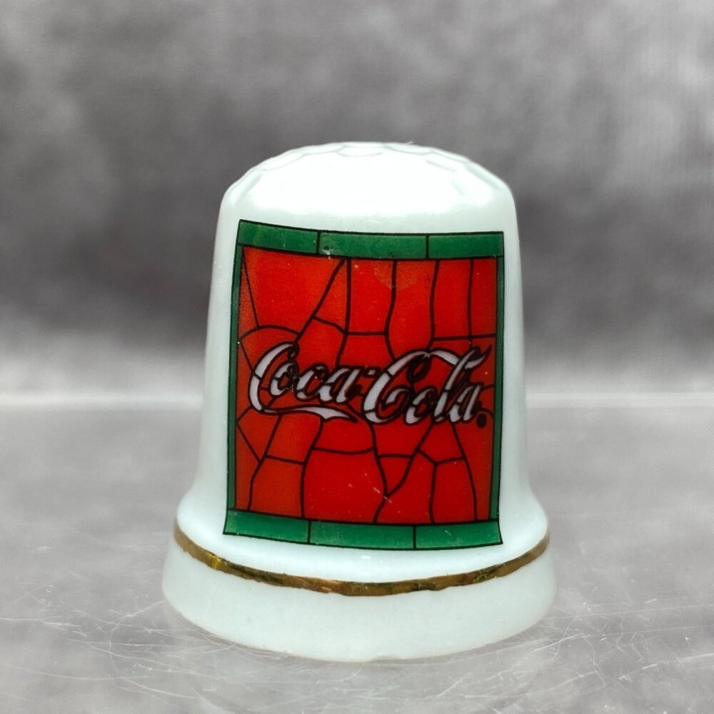 Coca-Cola Porcelain Thimble 1995 Red & Green Stained Glass Collectible Sewing
